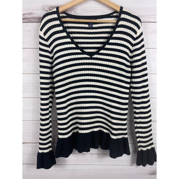 American Living Sweaters - American Living City Brights Black White Stripe Cotton Ribbed Knit V Neck Size L